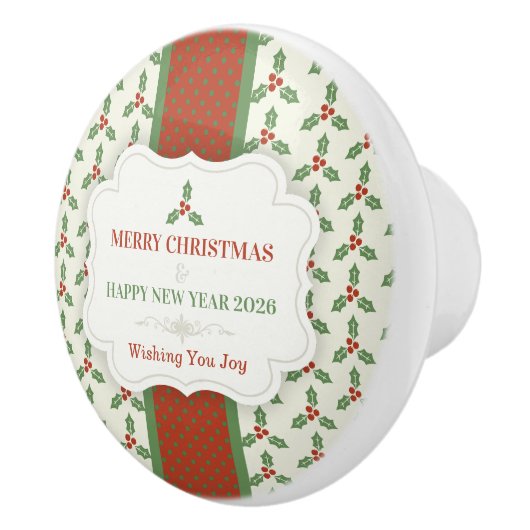Christmas Holly Pattern Green Holly Red Berries セラミックノブ (右)