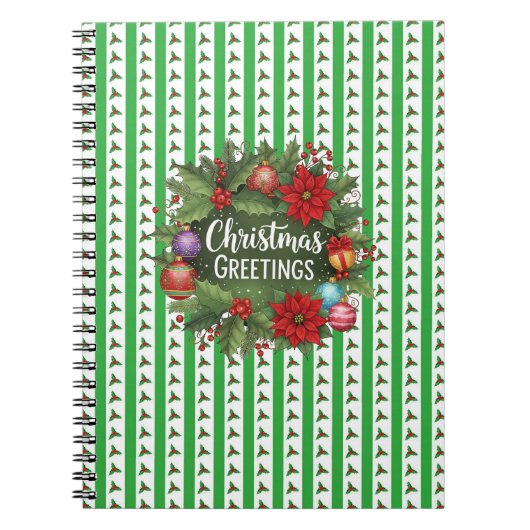 Christmas Holly Pattern with wreath ノートブック (正面)