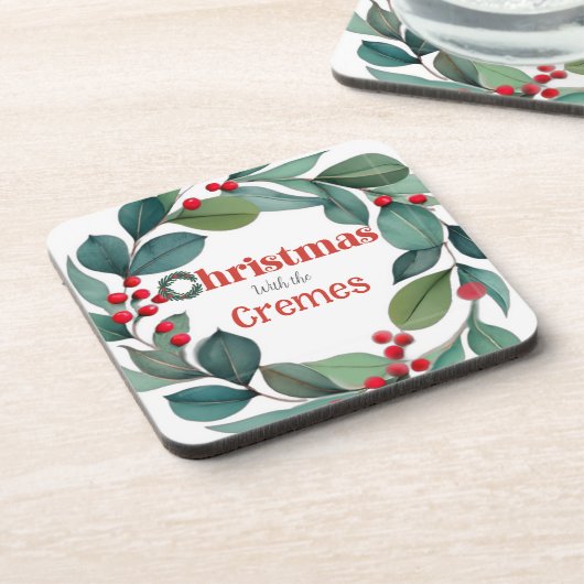 Christmas Holly wreath Throw Pillow コースター (左側)