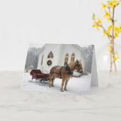 Christmas Horse-Drawn Sleigh Waiting By a Chapel カード (黄色い花)