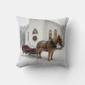 Christmas Horse-Drawn Sleigh Waiting By a Chapel クッション (正面)