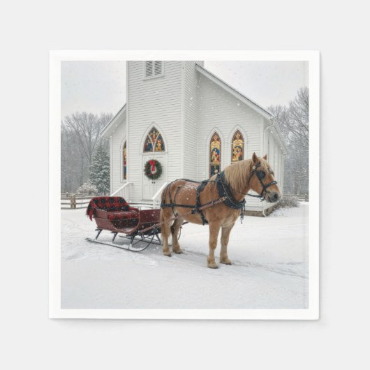 Christmas Horse-Drawn Sleigh Waiting By a Chapel スタンダードカクテルナプキン (正面)