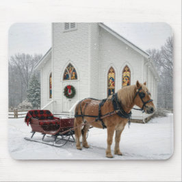 Christmas Horse-Drawn Sleigh Waiting By a Chapel マウスパッド