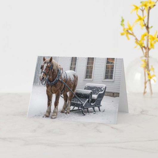 Christmas Horse Harnessed to a Sleigh By a Chapel カード (黄色い花)