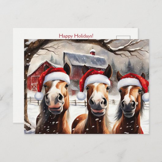 Christmas Horses Cute and Fun Holidays ポストカード (正面/裏面)
