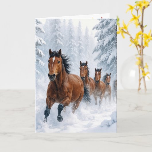 Christmas Horses Running Through a Snowy Forest カード (黄色い花)