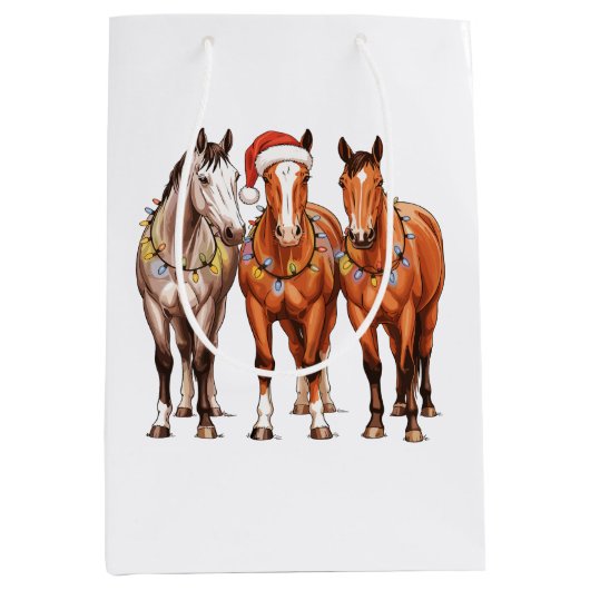 Christmas Horses Western Cowboy Santa Hat Farm ミディアムペーパーバッグ (正面)