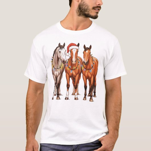 Christmas Horses Western Cowboy Santa Hat Farm Tシャツ (正面)