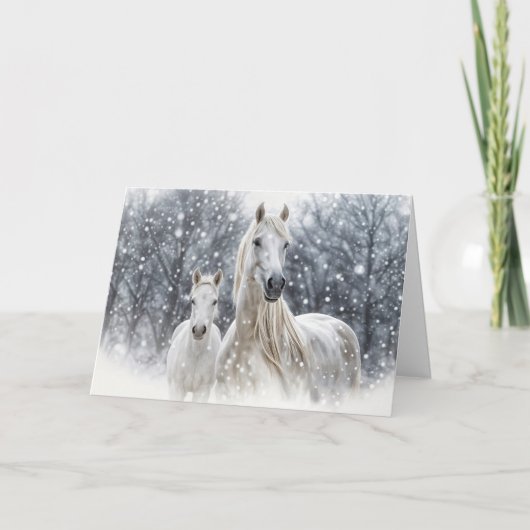 Christmas Horses White Mare and Foal in the Snow  シーズンカード (正面)