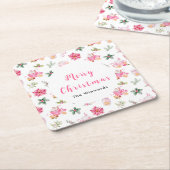 Christmas Hot Cocoa and Pink Poinsettias スクエアペーパーコースター (アングル)