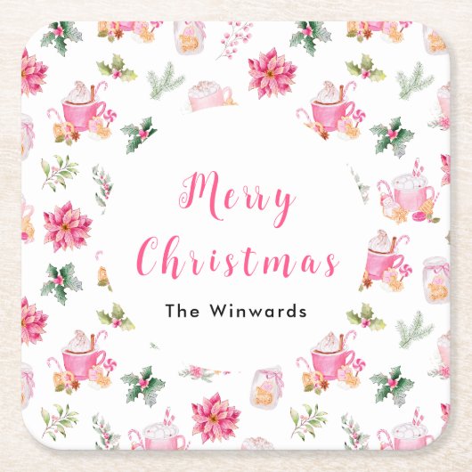 Christmas Hot Cocoa and Pink Poinsettias スクエアペーパーコースター (正面)