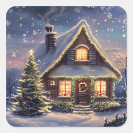 Christmas House in the Snow Winter Holiday Sticker スクエアシール