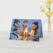 Christmas Humor Snowmen Melting Around a Campfire カード (黄色い花)