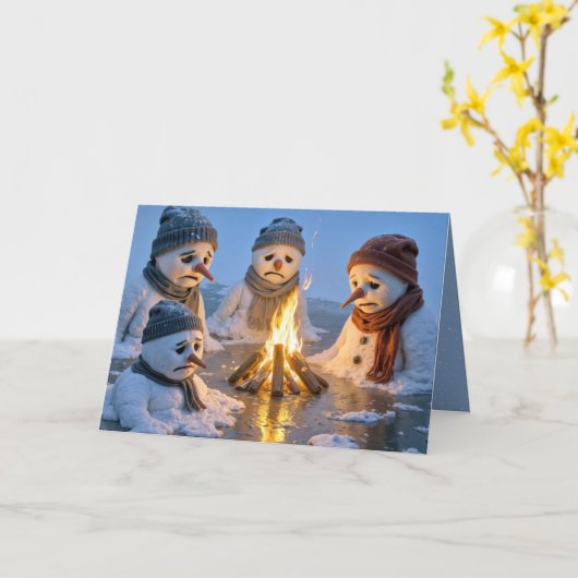 Christmas Humor Snowmen Melting Around a Campfire カード (黄色い花)