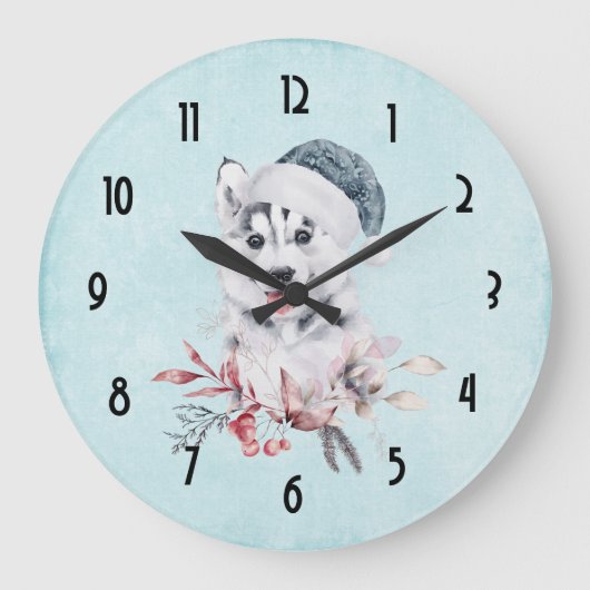 Christmas Husky Dog in a Santa Hat ラージ壁時計 (正面)