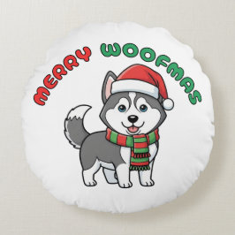Christmas Husky Round Pillow: Merry Woofmas ラウンドクッション