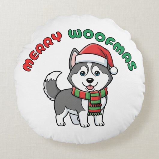 Christmas Husky Round Pillow: Merry Woofmas ラウンドクッション (正面)