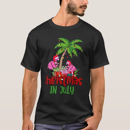 Christmas In July Flamingo Palm Tree 4th Of July Tシャツ (正面)