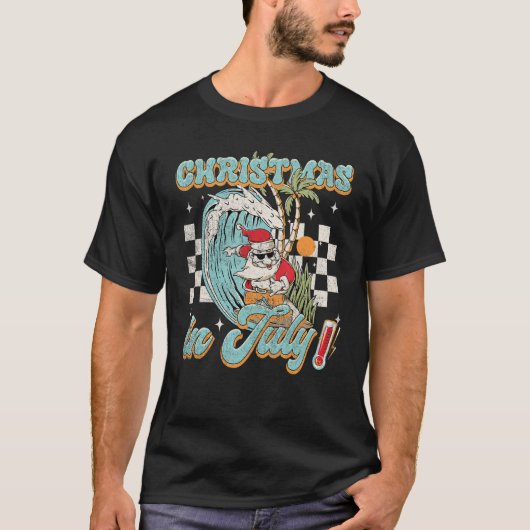 Christmas in July Groovy Santa Hawaiian Surfing Su Tシャツ (正面)