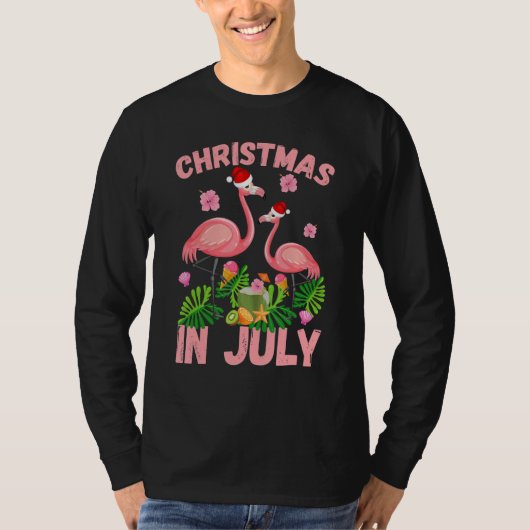 Christmas in July Pink Flamingo Funny Xmas Men Wom Tシャツ (正面)