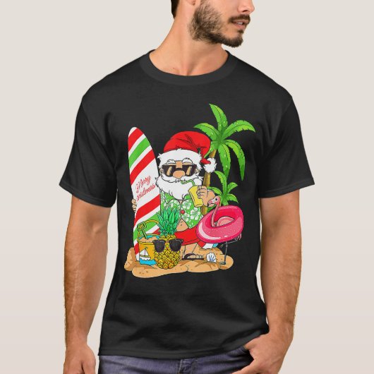 Christmas In July Santa Hawaiian Summer Surf Surfi Tシャツ (正面)
