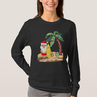 Christmas In July Santa Holding Surf Board On Trop Tシャツ