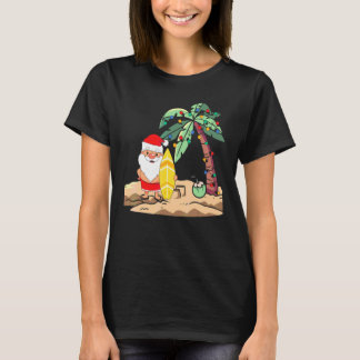 Christmas In July Santa Holding Surf Board On Trop Tシャツ