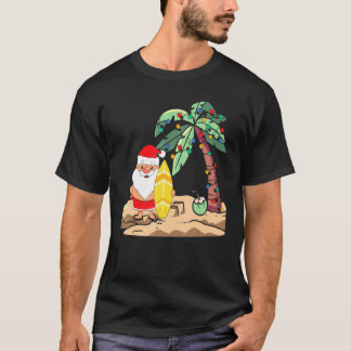 Christmas In July Santa Holding Surf Board On Trop Tシャツ
