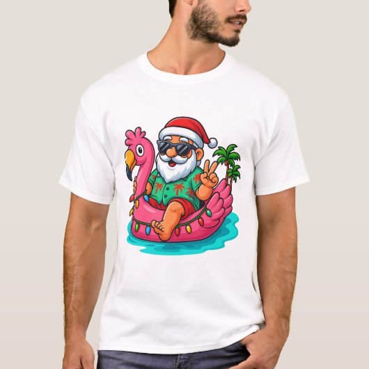 Christmas In July Santa Swimming At Pool Flamingo  Tシャツ (正面)