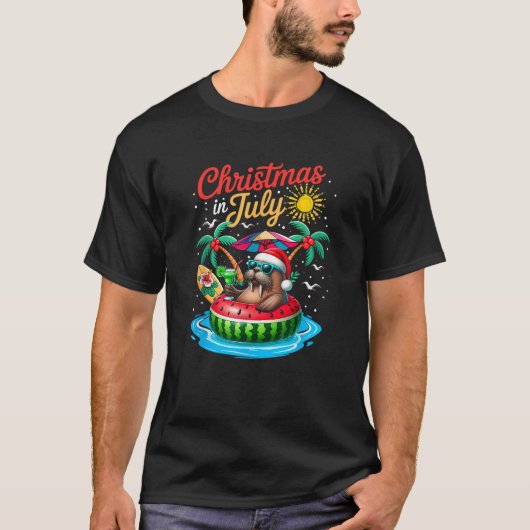 Christmas In July Santa Walrus Sunglasses Relaxing Tシャツ (正面)