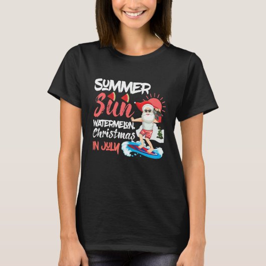 Christmas In July Summer Sun Santa Surfing Waterme Tシャツ (正面)