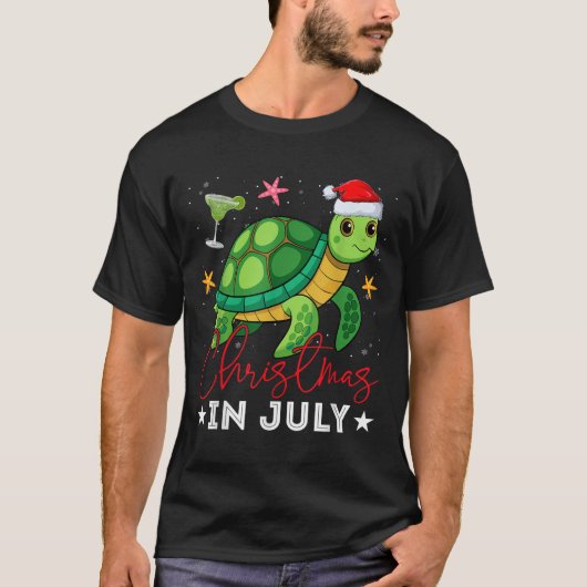 Christmas In July Turtle Xmas Lights Santa Hat Sum Tシャツ (正面)