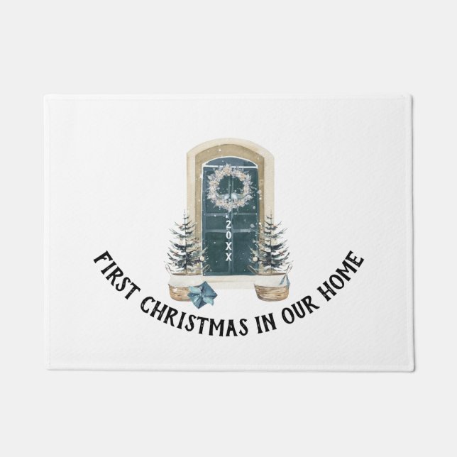 Christmas In Our New Home Watercolor Sage Green ドアマット (正面)