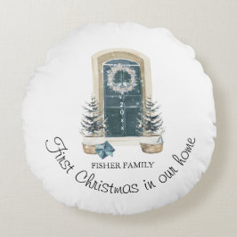 Christmas In Our New Home Watercolor Sage Green ラウンドクッション