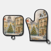 Christmas in Paris Apron | Watercolor Eiffel Tower 鍋つかみ&鍋敷きセット (正面)