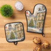 Christmas in Paris Apron | Watercolor Eiffel Tower 鍋つかみ&鍋敷きセット (トップダウン)