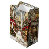 Christmas in Paris Vintage Holiday Street Scene ミディアムペーパーバッグ (正面アングル)