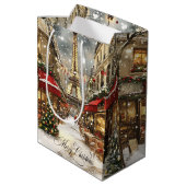 Christmas in Paris Vintage Holiday Street Scene ミディアムペーパーバッグ (裏面アングル)