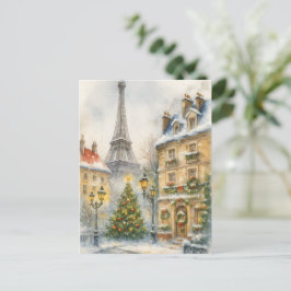 Christmas in Paris Watercolor Eiffel Tower Scene ポストカード