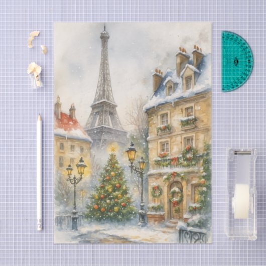 Christmas in Paris Watercolor Eiffel Tower Scene 薄葉紙 (クラフト)