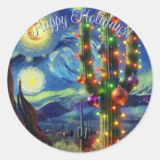Christmas in the Desert Saguaro Cactus Blue Green ラウンドシール (正面)