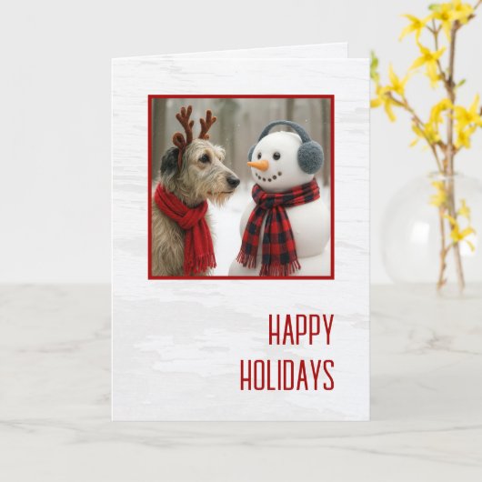 Christmas Irish Wolfhound Gazing at a Cute Snowman カード (黄色い花)