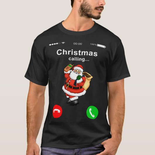 Christmas is Calling Santa Claus Mobile Phone Call Tシャツ (正面)