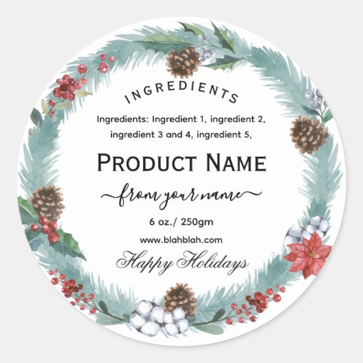 Christmas jam ingredient Label with wreath ラウンドシール (正面)