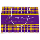 Christmas joy peace love purple yellow tartan  ラージペーパーバッグ (正面)