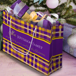 Christmas joy peace love purple yellow tartan  ラージペーパーバッグ