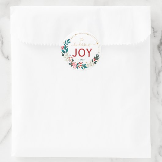 Christmas Joy Wreath Name Handwritten Script ラウンドシール (バッグ)