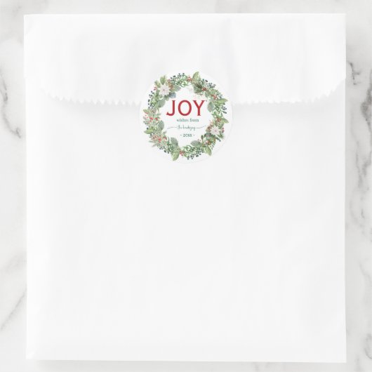 Christmas Joy Wreath Name Handwritten Script Red ラウンドシール (バッグ)