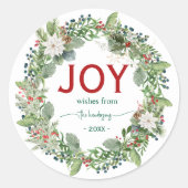 Christmas Joy Wreath Name Handwritten Script Red ラウンドシール (正面)