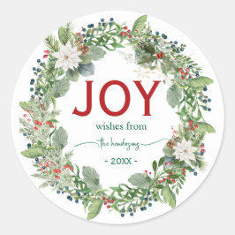Christmas Joy Wreath Name Handwritten Script Red ラウンドシール